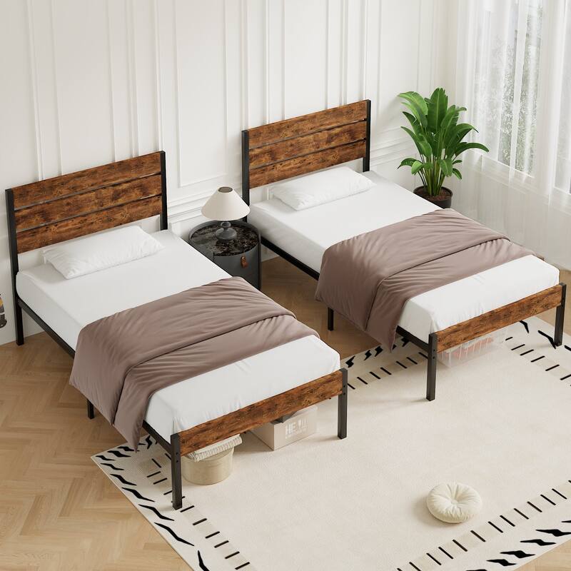 VECELO Twin Size Kids Bed Frames with Headboard and Footboard,Twin Size Bed Set of 2