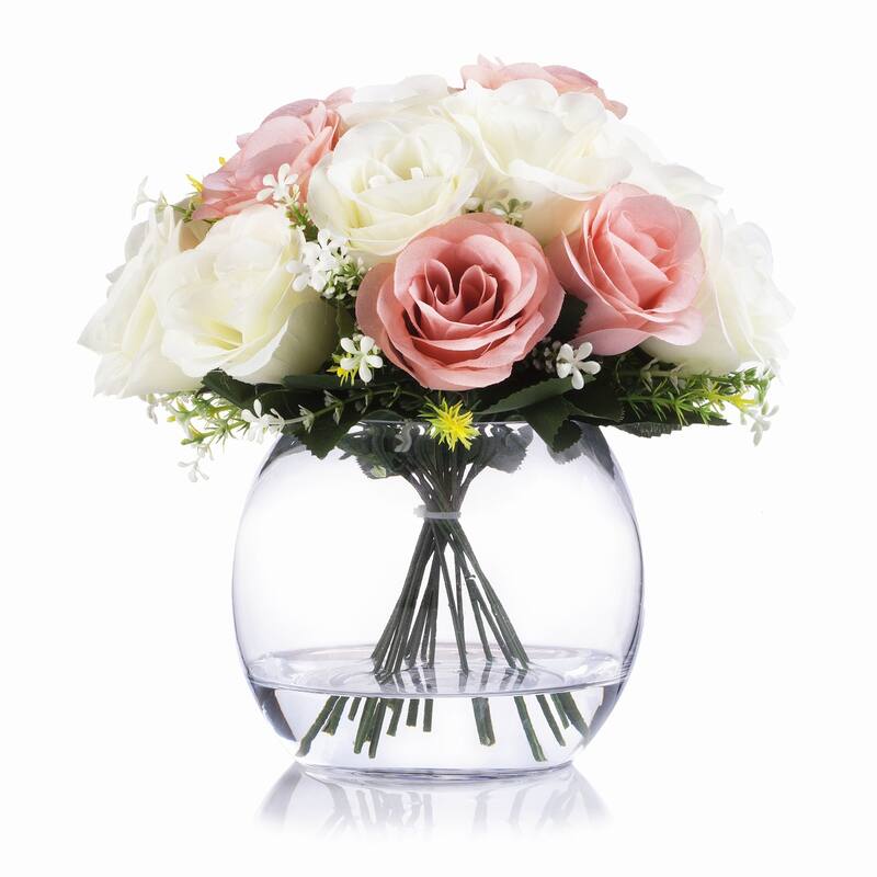 Enova Home Artificial Mixed Fake Open Roses Silk Flowers Arrangement in Clear Glass Vase with Faux Waterfor Home Wedding Decor - Cream Pink