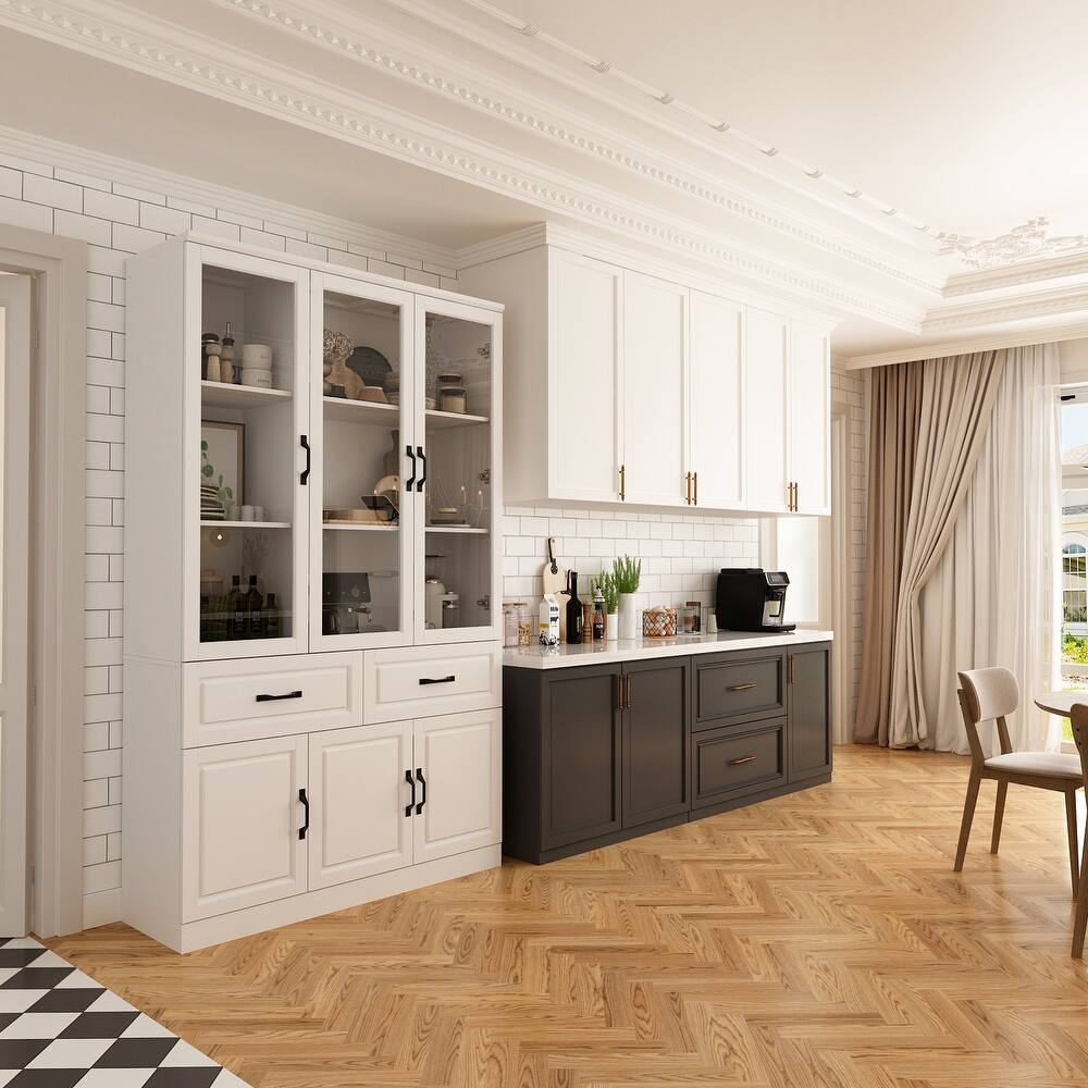 78.7"Modular White Curio Bookcase Cabinet w/Glass Doors Buffet Display