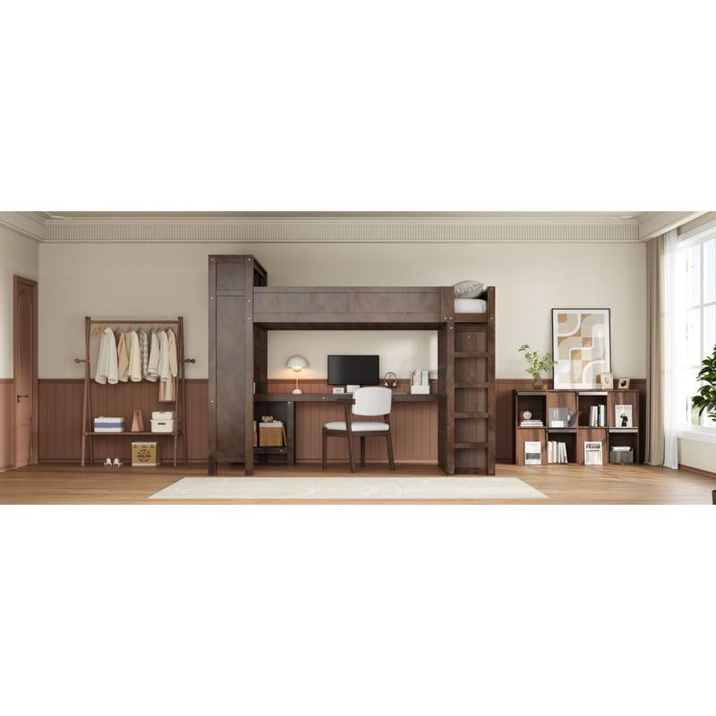 Roomfitters Queen Loft Bed with Wardrobe, Desk, Storage Headboard and USB