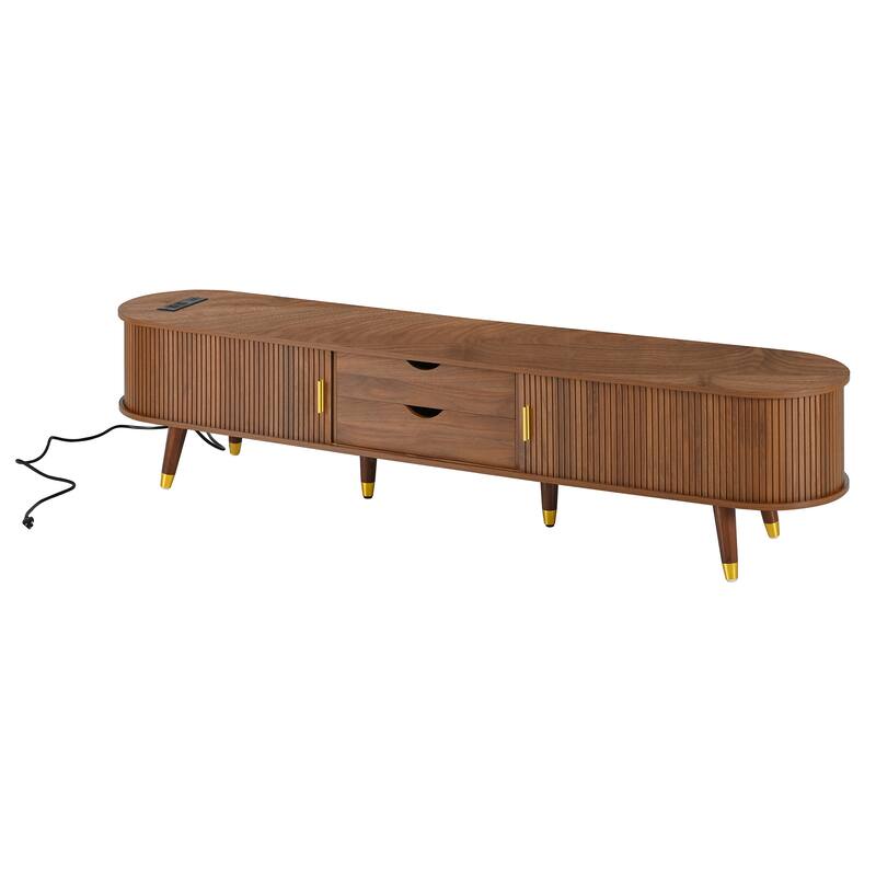 Wooden Tv Stand & Coffee Table Set With Charging Station,Sliding Doors For Tvs Up To 80",Table With Solid Wood Legs
