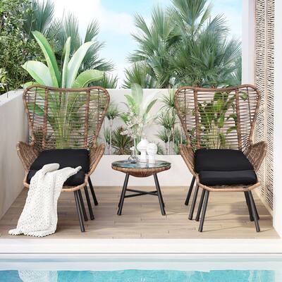 5-Piece Rattan Outdoor Bistro Sets, Round Glass Coffee Table, 2 Armchairs and 2 Stools