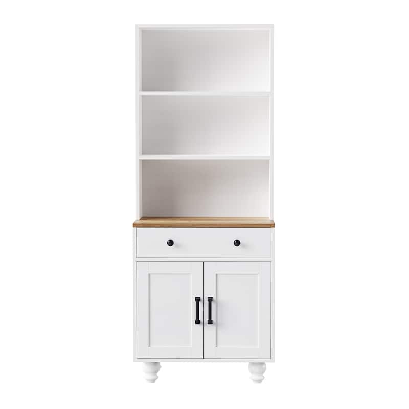 Storage Cabinet with 4 Solid Wood Gourd-Shaped Legs,Kitchen Pantry Cabinet with Adjustable Shelves,5 Tier Bookshelf with Drawer