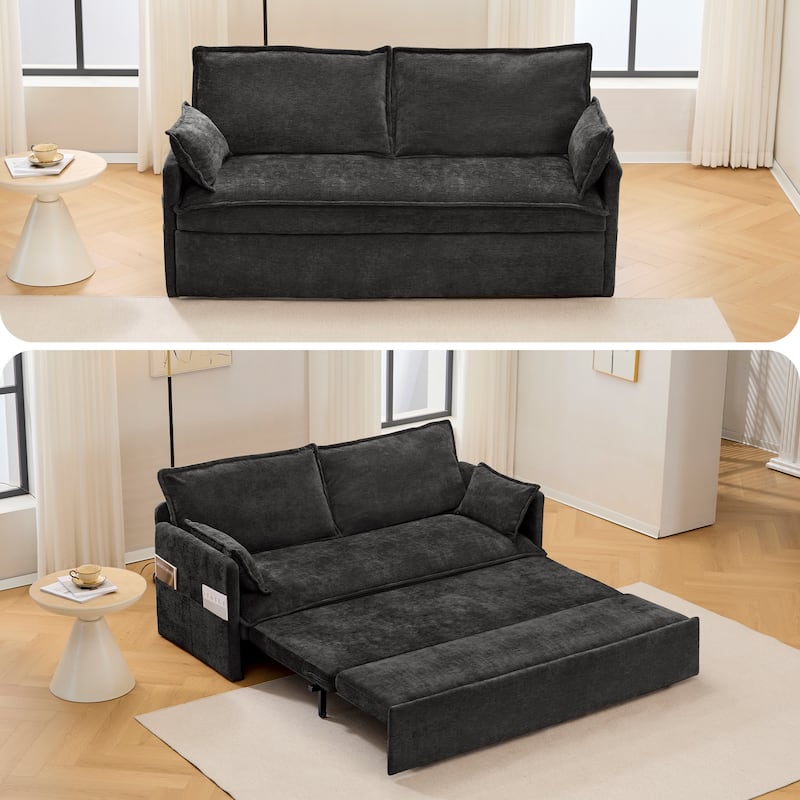 59.5" Loveseat Sofa Bed, Upholstered Pull-Out Sleeper Couch with Charging Ports Modern Convertible Couch for Small Spaces