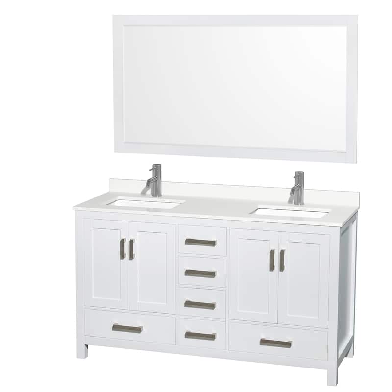 Sheffield 60-inch Double Vanity, Single Hole Quartz Top,58-inch Mirror - White, Chrome Trim, White Quartz Top