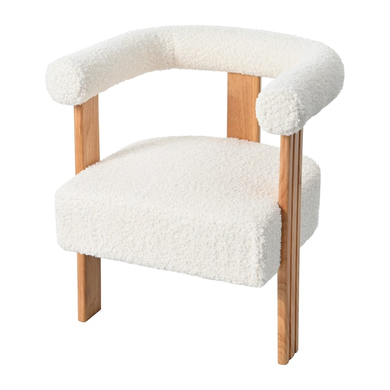 Roomfitters Mid-Century Modern Barrel Accent Chair, Luxe Teddy Boucle Fabric Armchair with Rubberwood Legs, Cream White