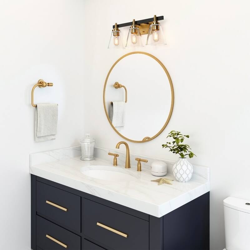3-Light Mid-Century Modern Black Gold Bathroom Vanity Lights Clear Glass Wall Sconces