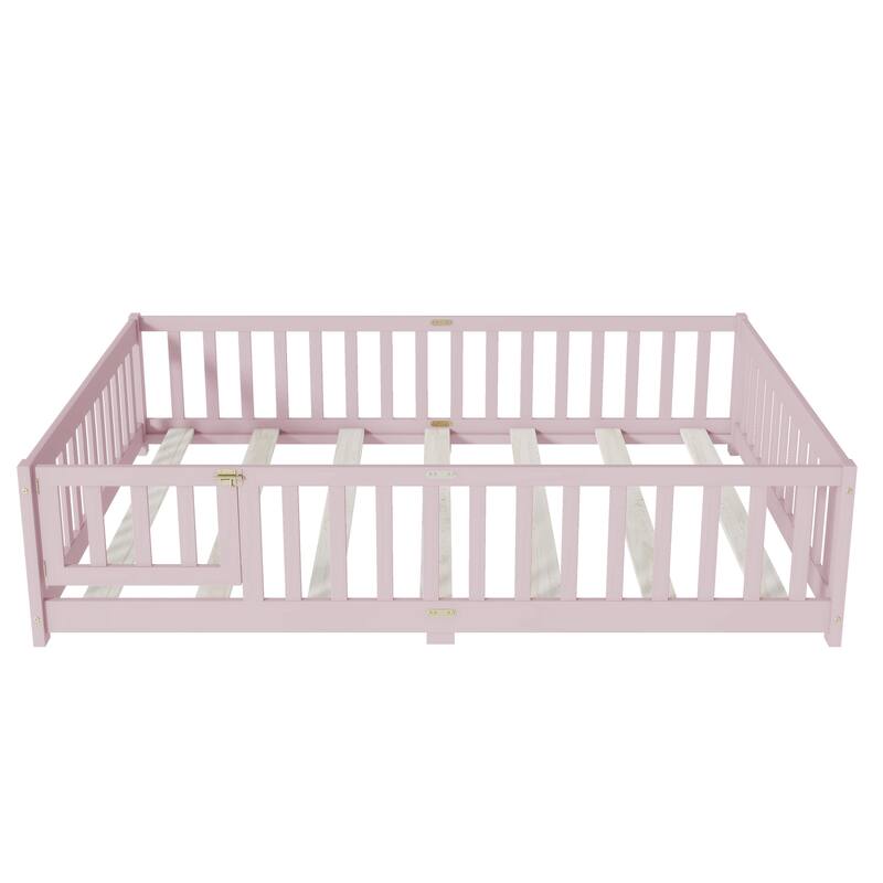 Full Size Floor Bed with Fence and Door,Rubber Wood Floor Bed with Safety Guardrails,Pink