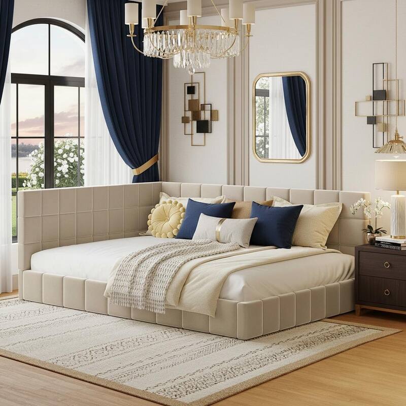 Full Size Upholstered Sofa Bed with L-Shaped Backrest by Harper&Bright Designs - Beige