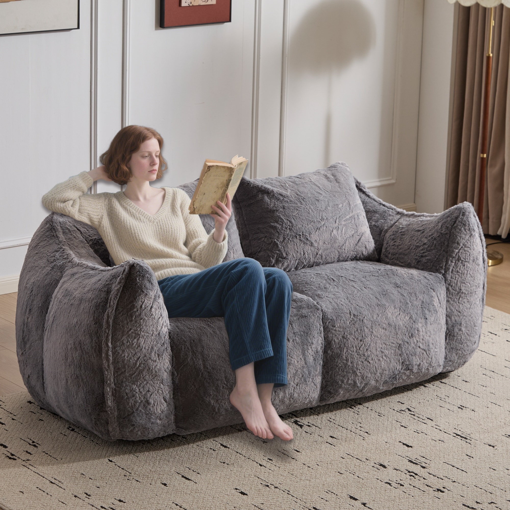 Fabric Upholstered Oversized Chase Lounge Loveseat Bean Bag Lazy