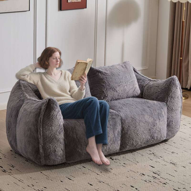 Fabric Upholstered Oversized Chase Lounge Loveseat Bean Bag Lazy Sofa with 2 Pillows