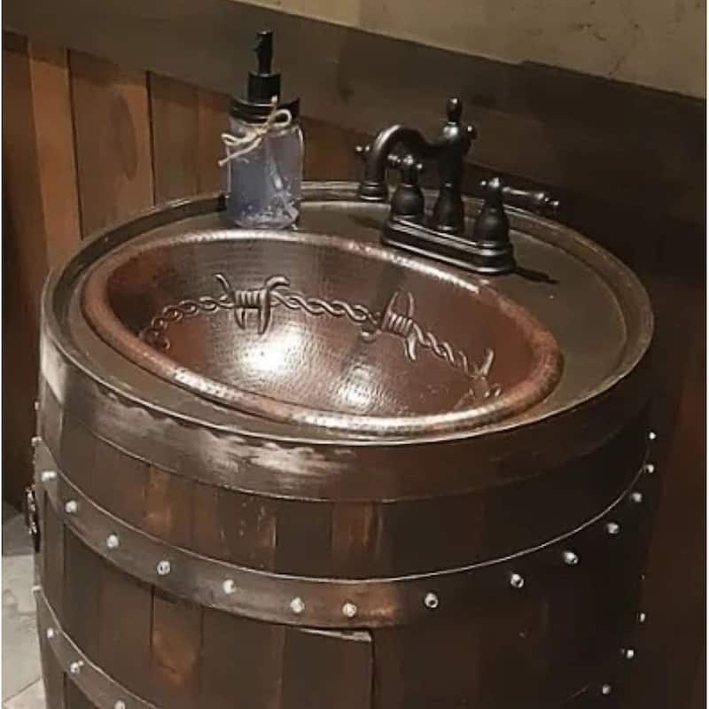16" Oval Copper Bathroom Sink with Barbed Wire Design by SimplyCopper - 16" X 12" X 4.5"