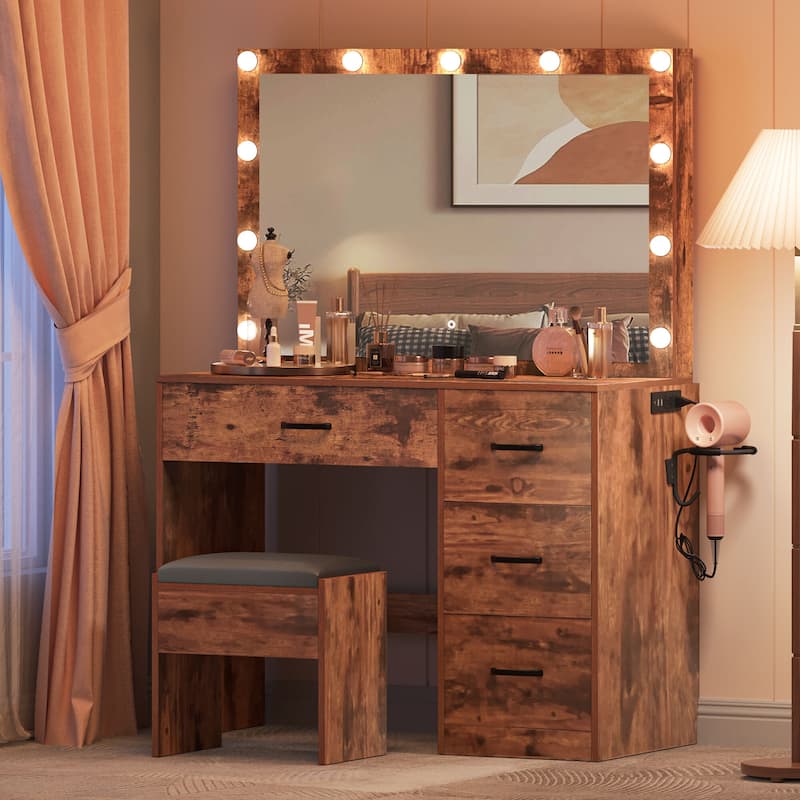 Moasis 35.4" Pink Mirror Makeup Vanity Table - 35.4''L x 15.7''W x 53.5''H