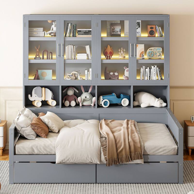 Bookcase Daybed with Storage Cabinets Wooden Captains Bed Built-in LED Lighting - Gray - Full