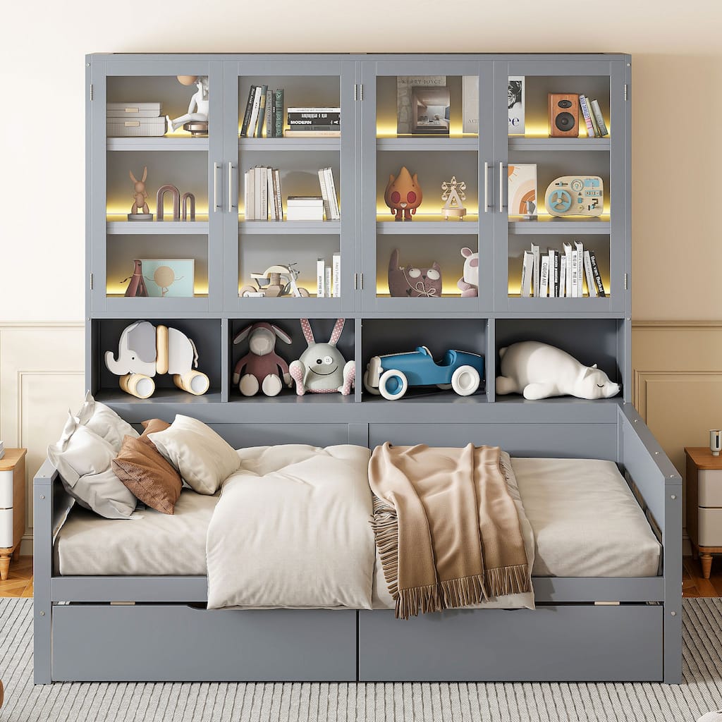Full Size Wooden Daybed with Glass-Door Storage Cabinets, Built-in LED Lighting and Shelves