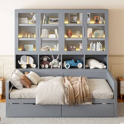 Wooden Daybed with Glass-Door Storage Cabinets, Built-in LED Lighting and Shelves