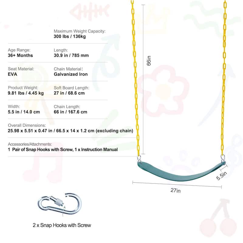 2 Pack Green Kids Outdoor Swing with EVA Seat with Heavy Duty Chains Safe for Playgrounds and Backyard - 25.98 x 5.51 x 0.47 in