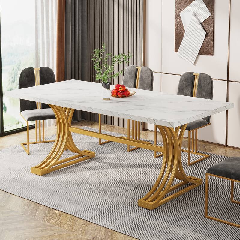 63'' Modern Dining Table with Trestles Legs for Kitchen Dining Room - White+Gold