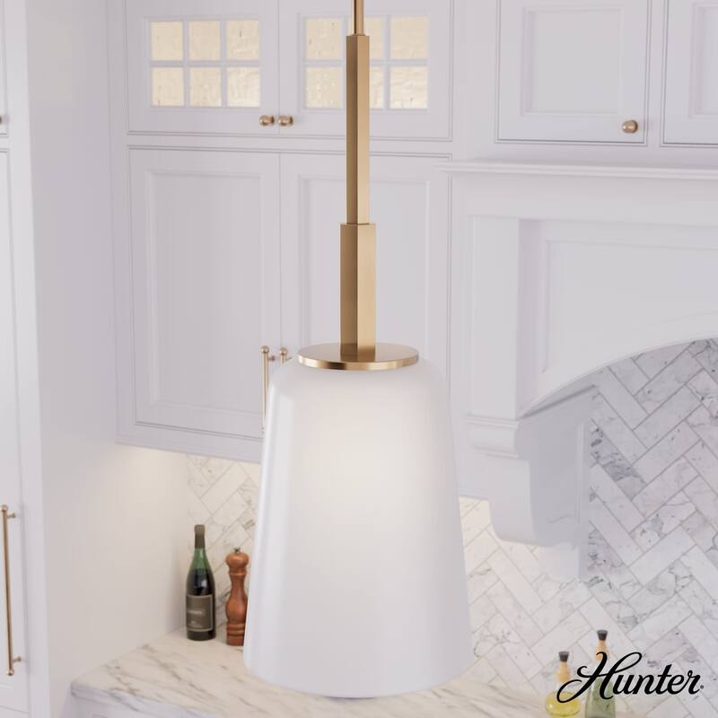 Hunter Nolita 1 Light Pendant, Kitchen Island, Dining Room, Contemporary, White Glass Shade - 9" - Alturas Gold