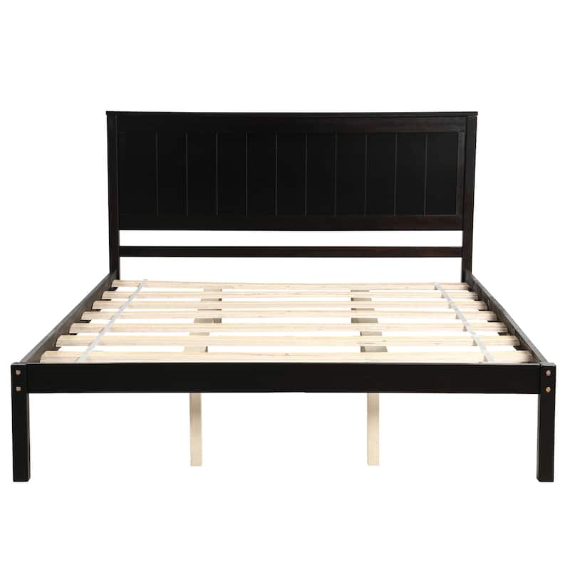 Queen Espresso Platform Bed Frame with Headboard, Wood Slat Support, No Box Spring Needed