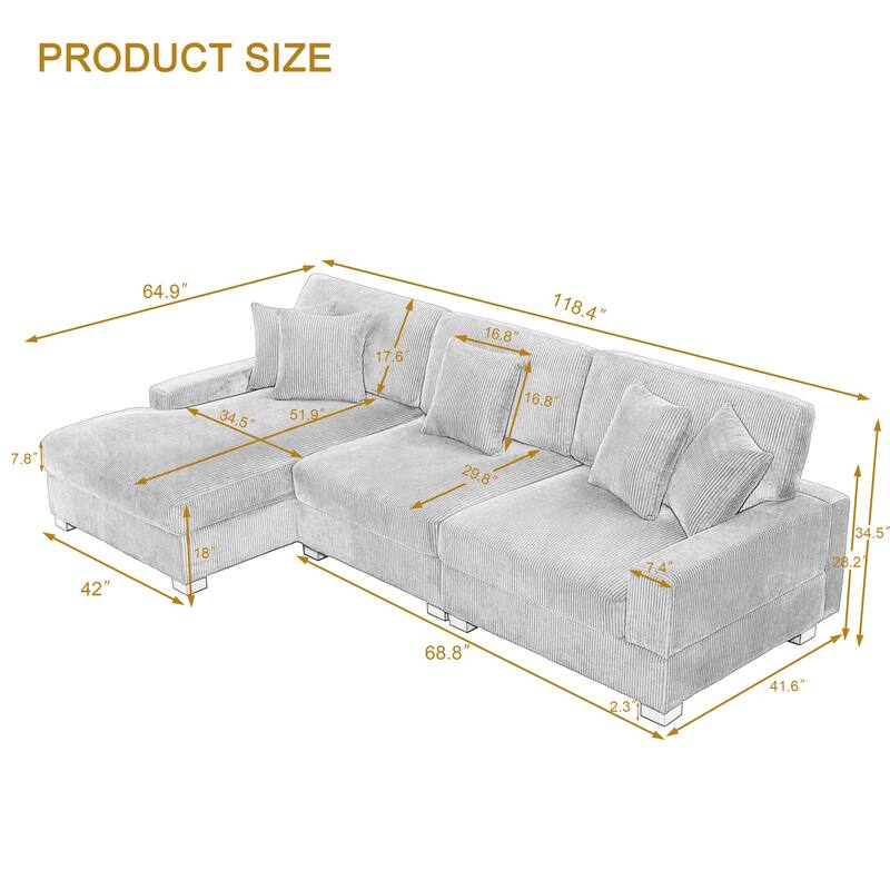 Upholstered Oversized Modular Sectional Sofa Set Corduroy Sleeper Sofa With Chaise