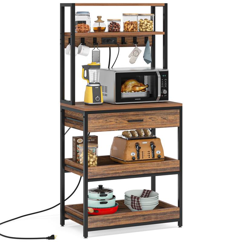 Kitchen Bakers Rack with Power Outlets, High Utility Storage Shelves Microwave Stand with Drawers