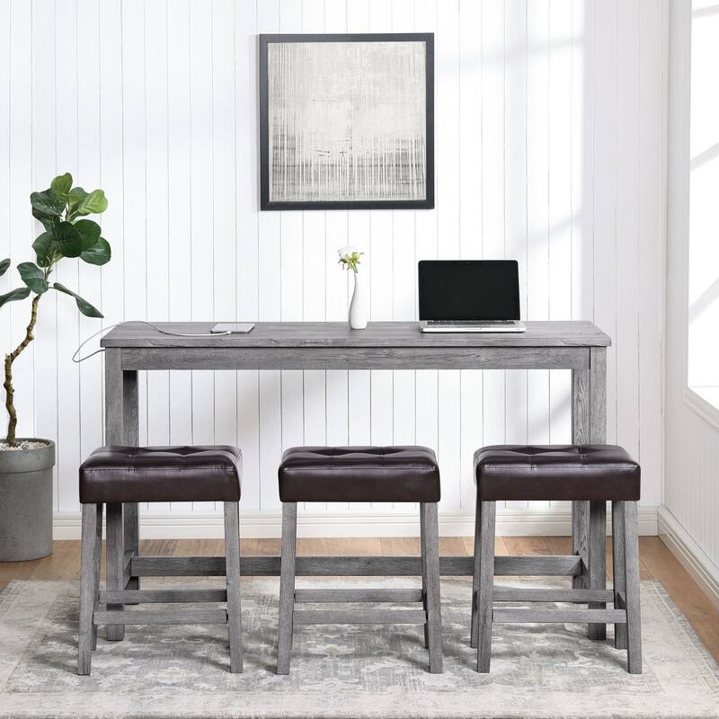 Bar Table Set with 3 Stools and Power Outlet