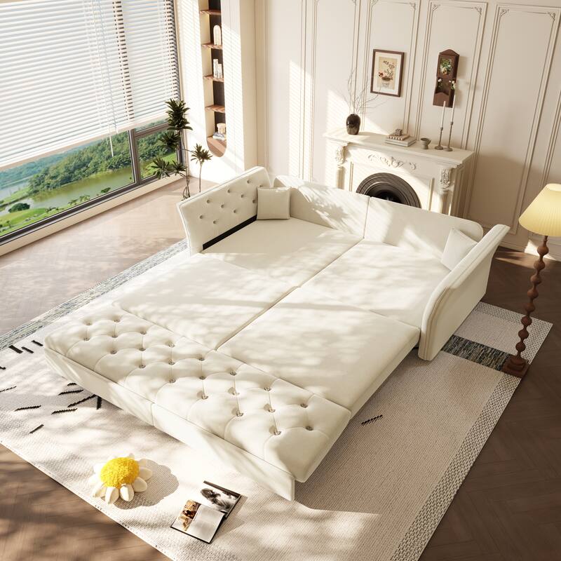 74.4" Velvet Sofa Bed, Pull-Out Sleeper Couch, Convertible Loveseat, Upholstered Sofa Bed with Tufted Backrest, Flared Arms