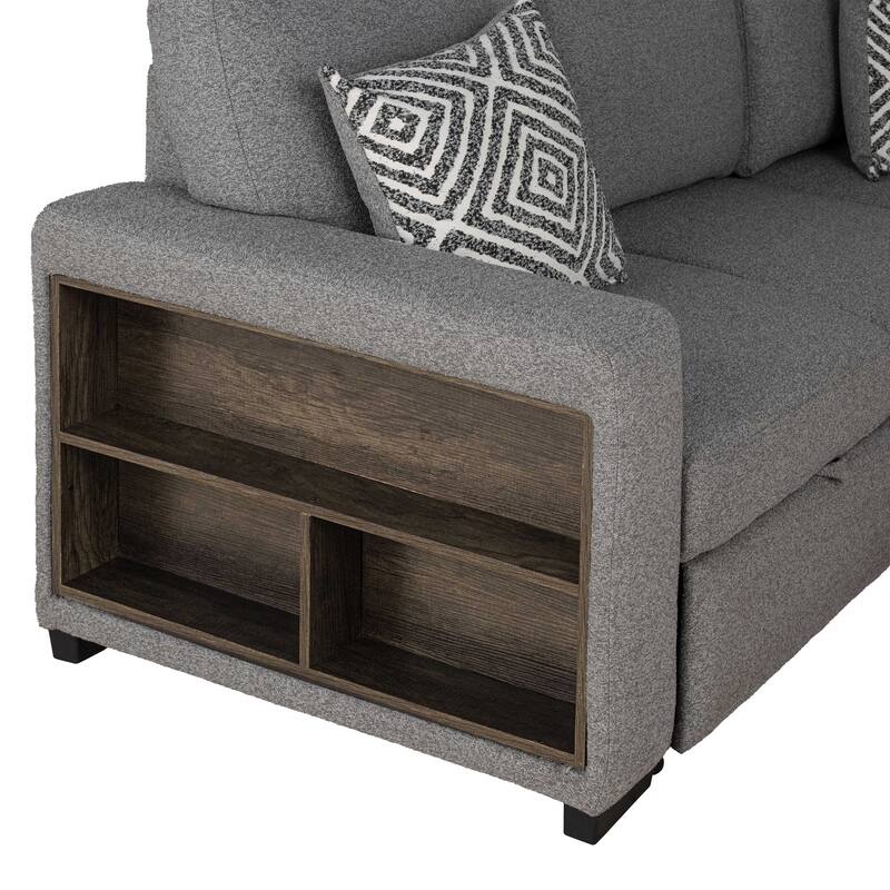 Furniture of America Oswin Modern Grey Pull-Out Sleeper Sofa Sectional with Storage Shelves and USB Ports