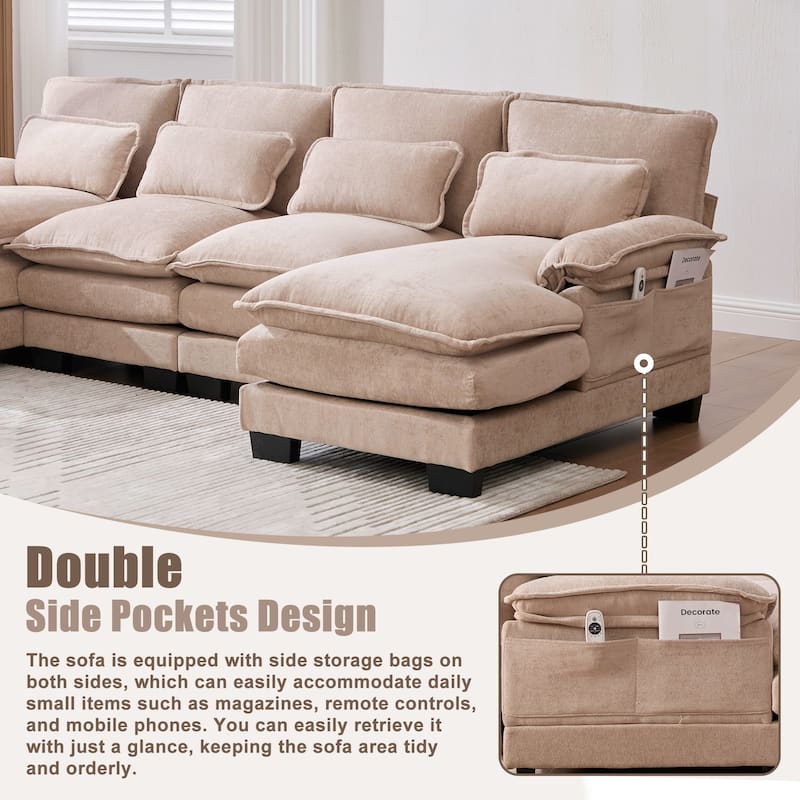 HOMEFUN Chenille Upholstered U-Shaped Modular Wood Frame Sleeper Sectional Sofa with Double Chaise