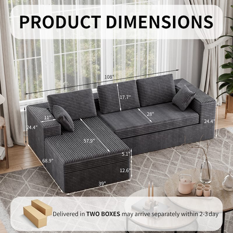 Modland 108" Boneless Cloud Couch, Modular L-Shaped Sectional Sofa, No Assembly, Corduroy