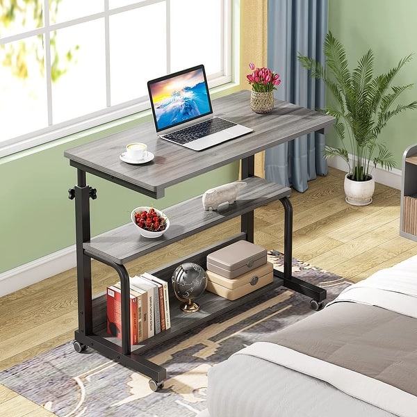 Rolling Overbed Table - Adjustable Height Mobile Desk With Wheels & Storage Tray