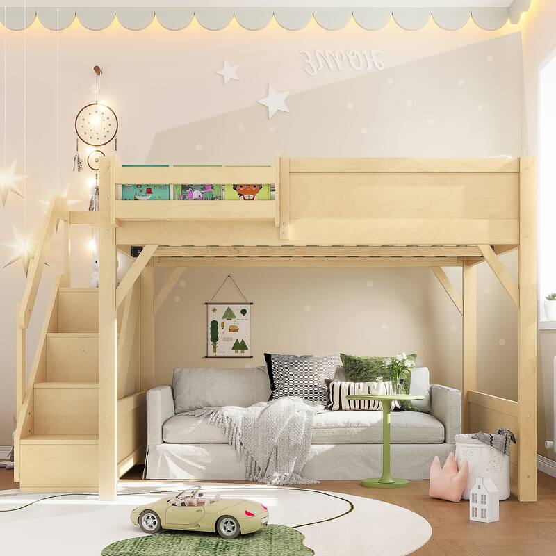 Full/Twin Loft Bed with Built-in Wardrobe, Storage & Stairs - Solid Wood, Full-Length Guardrails, No Box Spring