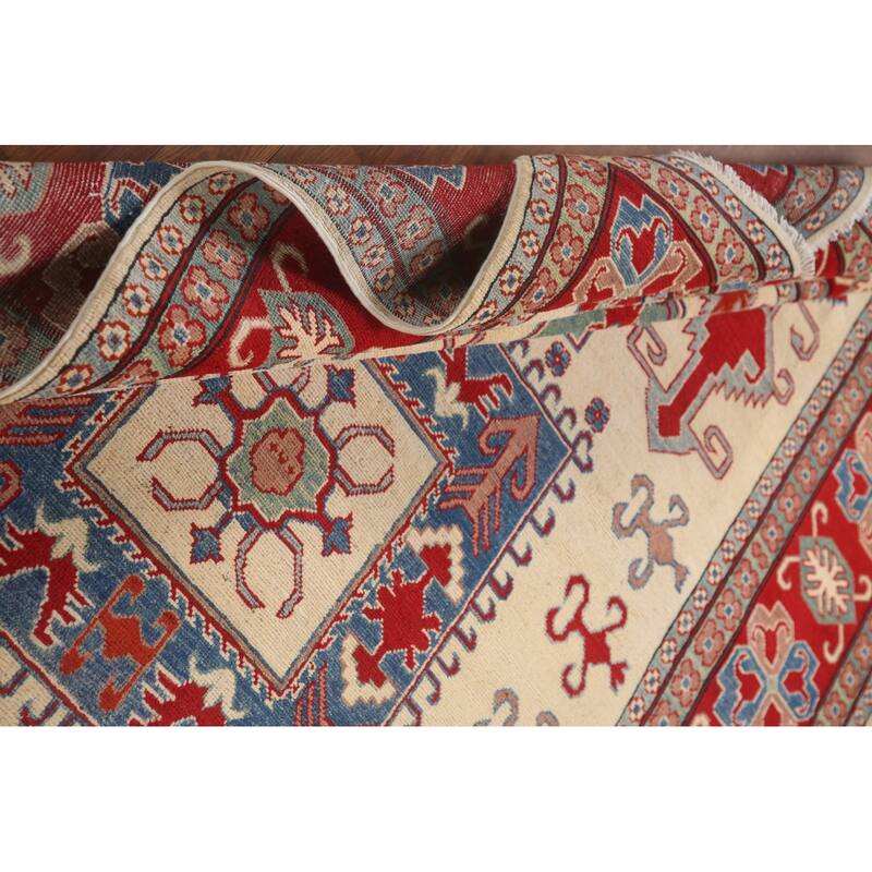 Hand Knotted Oriental 100% Wool Carpet Traditional Geometric Beige & Ivories Kazak Area Rug - 9' 8'' X 6' 6''