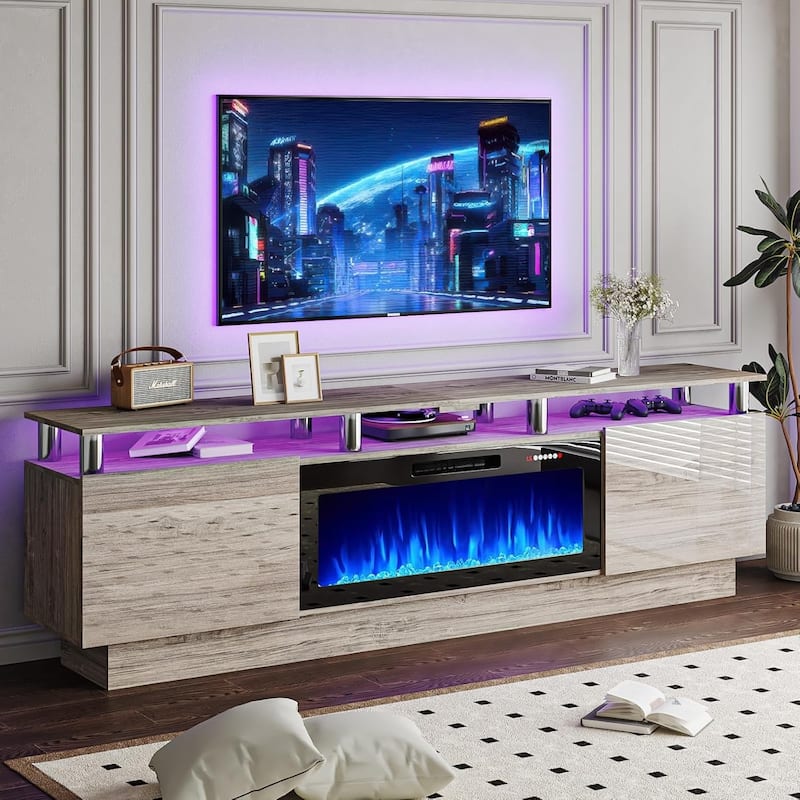 BOSSIN 80" TV Stand Entertainment Center with 36" Electric Fireplace, for TVs up to 90", High Gloss Cabinet with LED Light - Grey-New