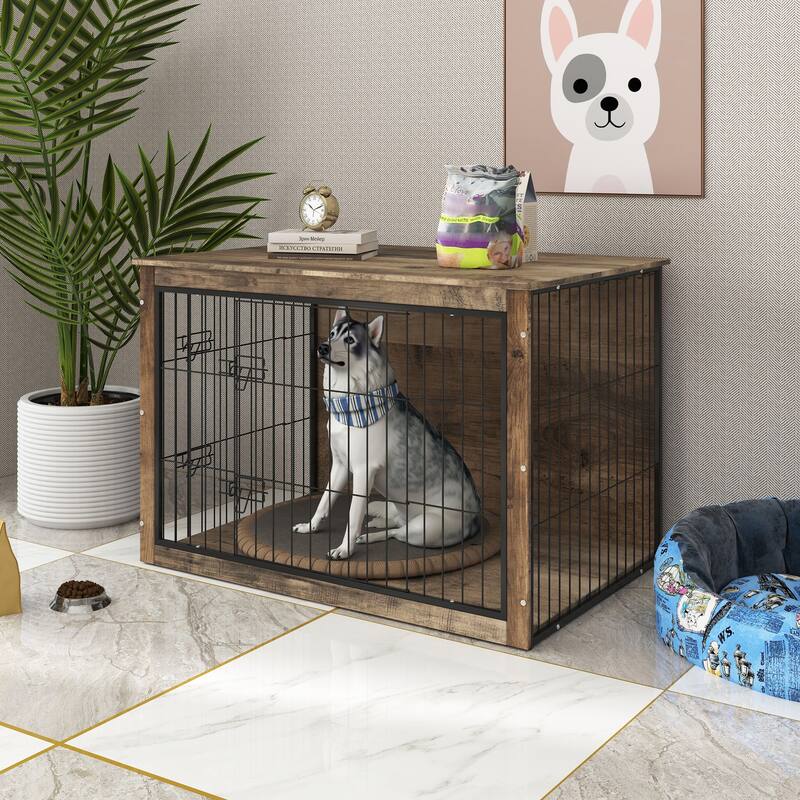 GDF Studio - Bubu Modern Wooden Dog Crate Furniture with Double Doors and Indoor Kennel Design - Large - Natural Wood