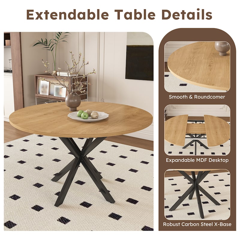 Extendable Round Dining Table for 2-6: 43" to 58" Oak Finish Expandable Table with Carbon Steel Space-Saving Base