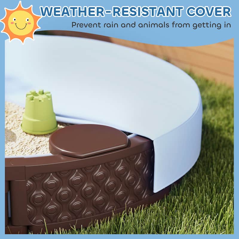Dark Brown HDPE Kids Sandbox with Four Built In Seats Large Outdoor Play Sandpit with Protective Cover and Bottom Liner