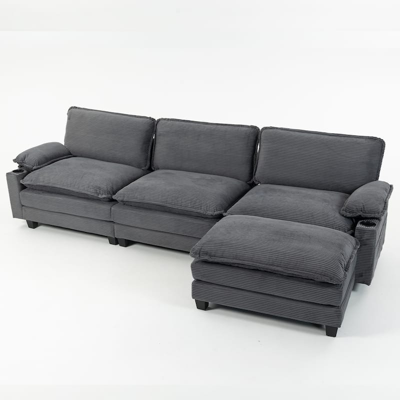 113" L Shaped Sectional Sofa, Deep Seat Cloud Couch with Ottoman, Oversized Corduroy Couch with Cup Holders, Storage Bags