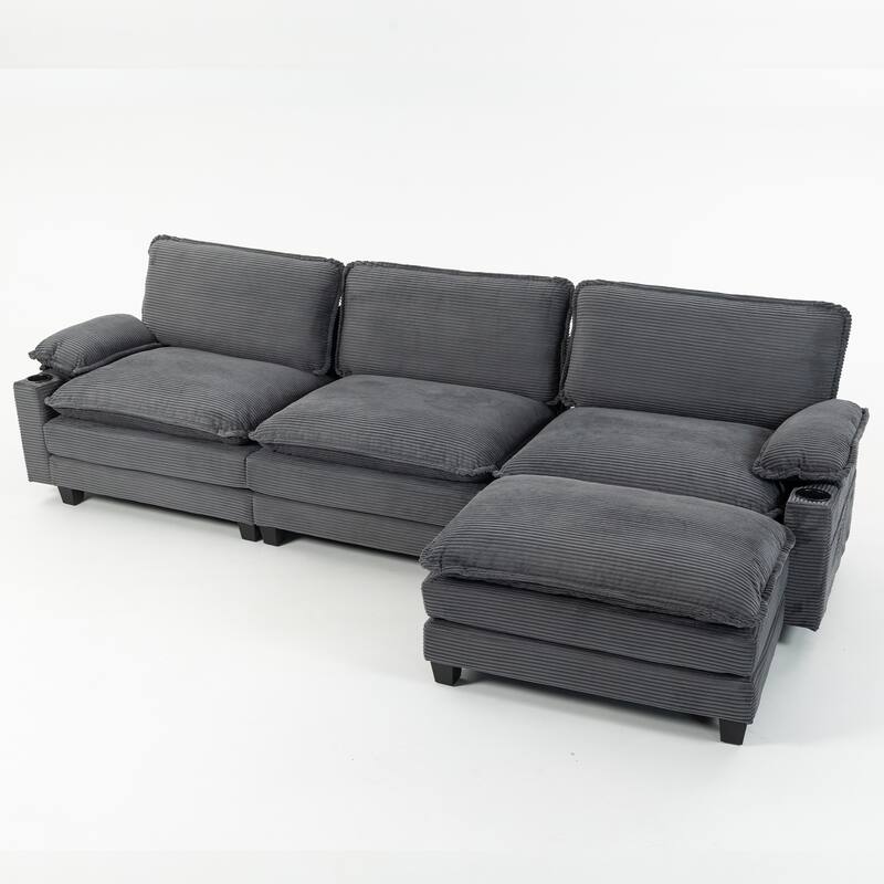 L-Shaped Modular Sectional Sofa with Ottoman, Oversized Corduroy Upholstered Cloud Couch with Cup Holders & Side Pockets