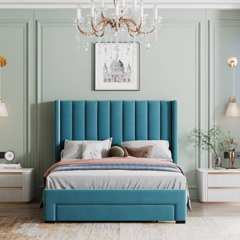 Velvet Upholstered Platform Bed with a Big Drawer,Full/Queen Size