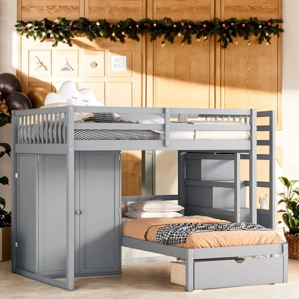 slide 2 of 30, Full Over Twin Children'S Bunk Bed with Closet and Stairs with Handrail for Bedroom Grey