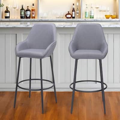 30" Set of 2 Modern Grey Polyester Fabric Bar Chairs with Armrest and Footrest Black Metal Legs - 42.5”H x 22.4”W x 24”D