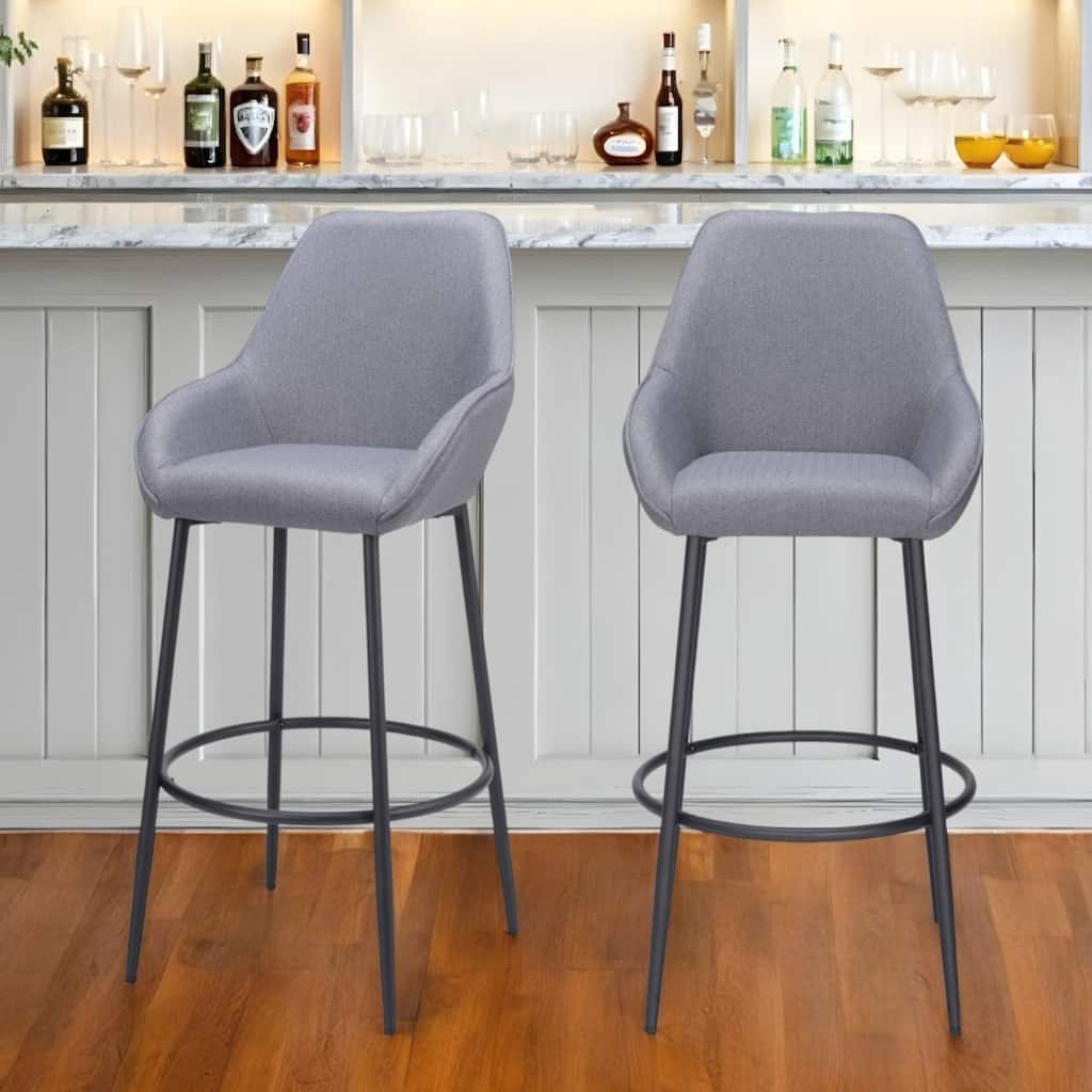 30" Set of 2 Modern Grey Polyester Fabric Bar Chairs with Armrest and Footrest Black Metal Legs - 42.5”H x 22.4”W x 24”D