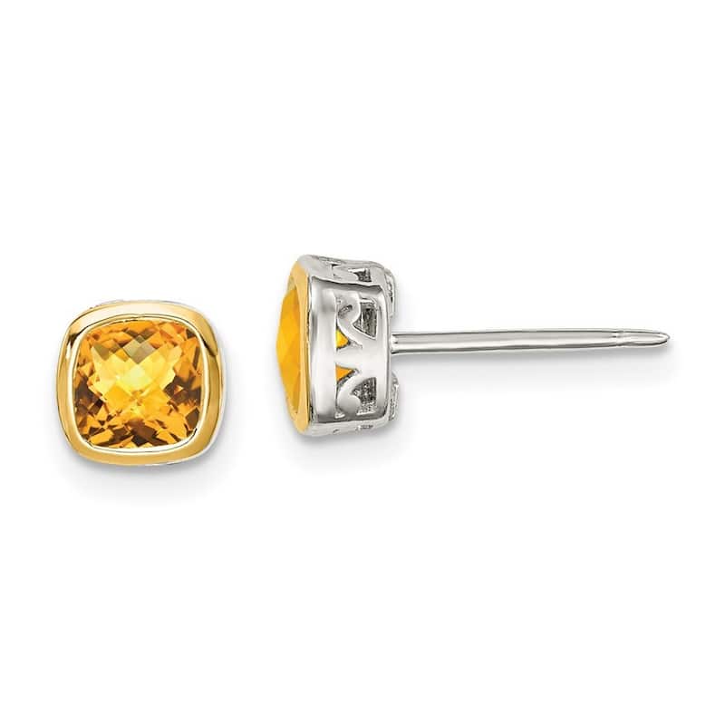 Curata 925 Sterling Silver With 14k Accent 6.5mm Citrine Square Stud Earrings