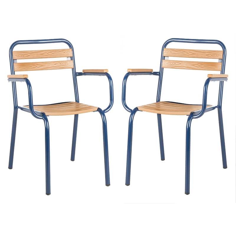 SAFAVIEH Outdoor Keara Chair - Brown / Navy (Set of 2) - 21.7"x23.2"x33" - 22Wx23Dx33H