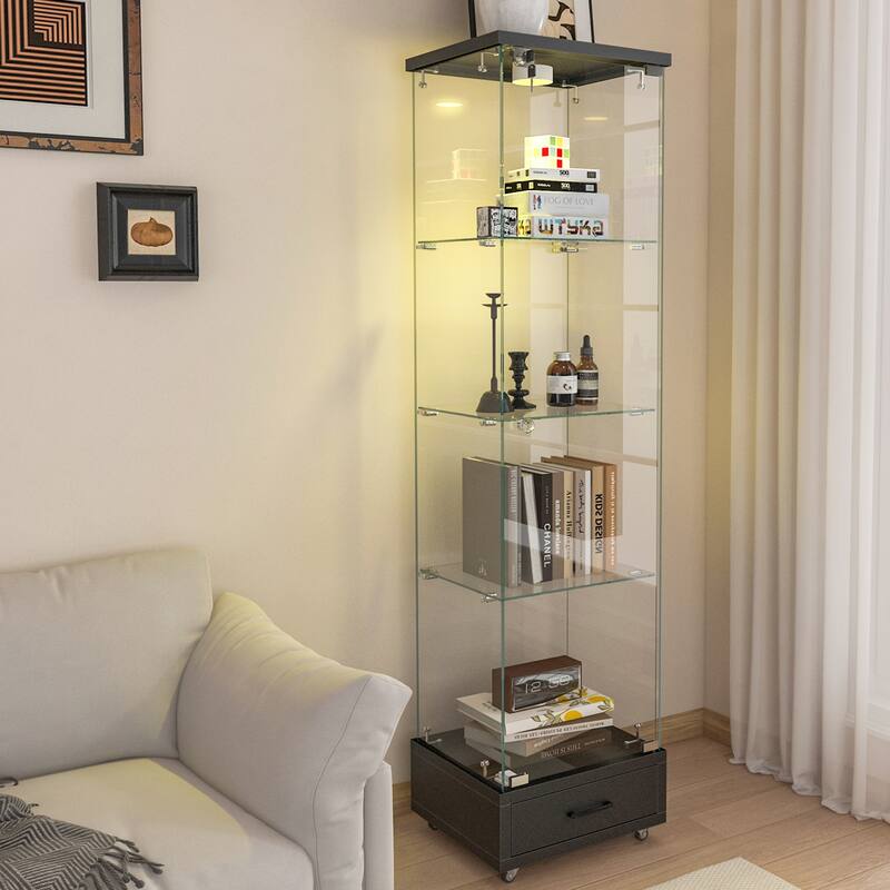 Glass Display Cabinet With Drawer,Cabinet With Led Lights,Tempered Glass Bookshelf, 1-Door Storage Case With 4 Shelves