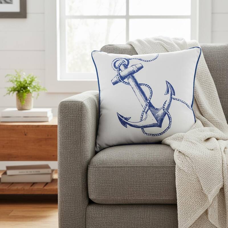 HomeRoots 18" Blue And White Nautical Anchor Decorative Throw Pillow Cover