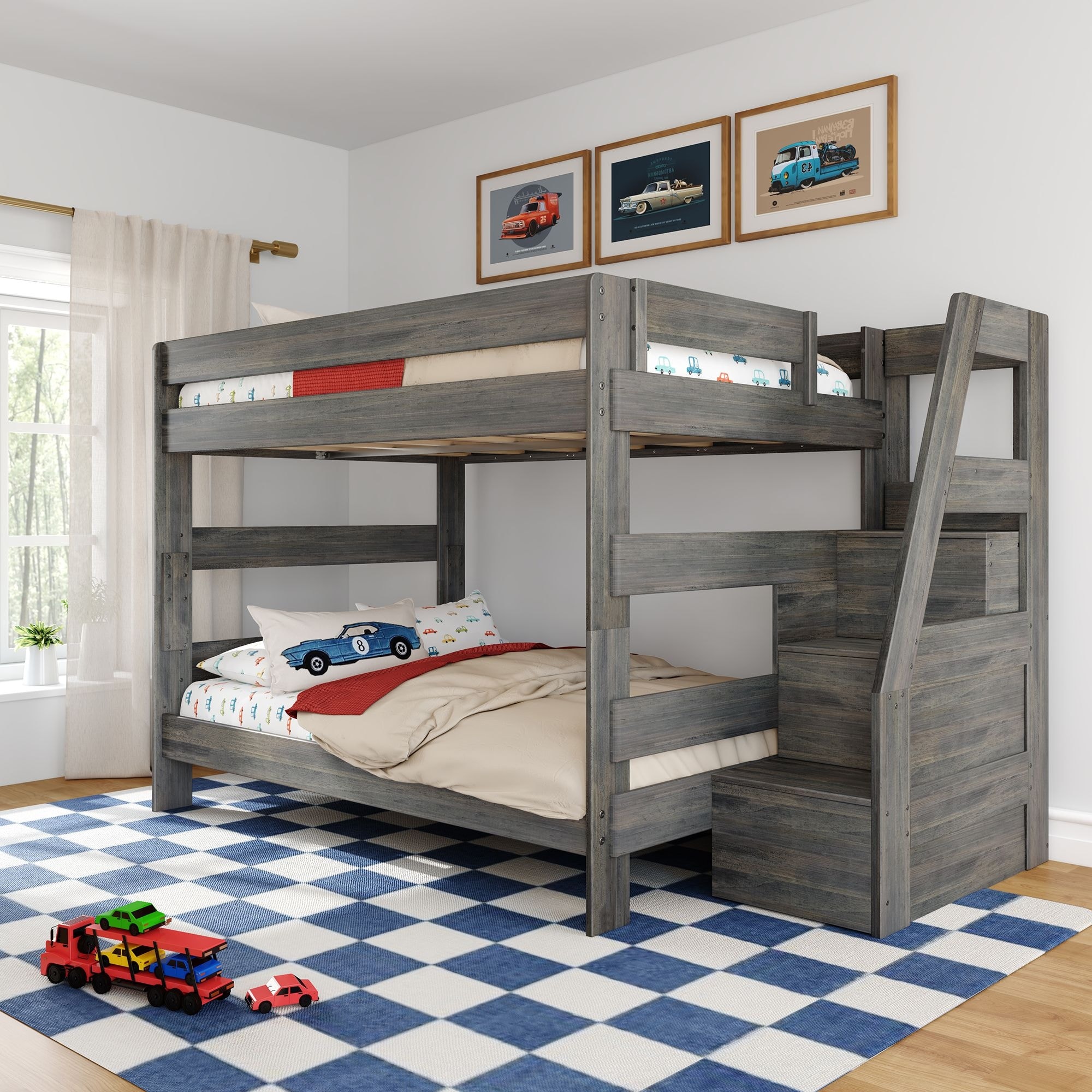 Max and Lily Modern Farmhouse Queen Over Queen Bunk Bed With Staircase