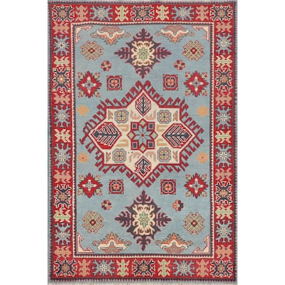 Geometric Blue Kazak Oriental Accent Rug Handmade Wool Carpet - 3'6" x 5'0"